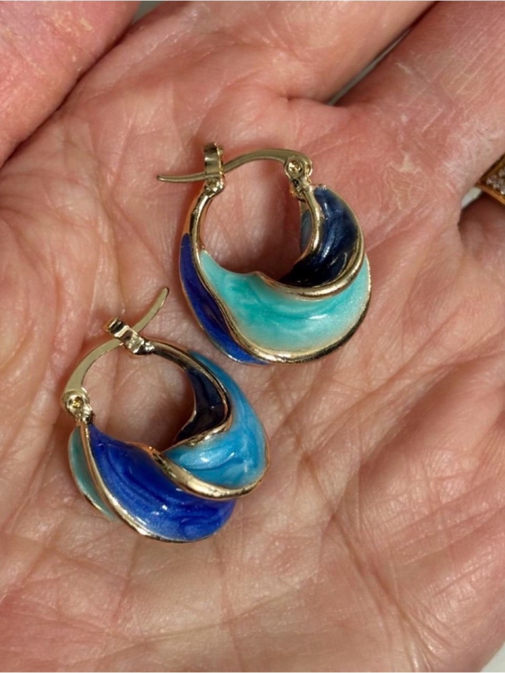 Gold Hoop Earrings with Blue and Teal Enamel Inlay - Picture 4 of 4